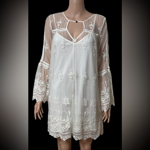 American Eagle Dress S Tunic Ivory  Embroidered Sheer Mesh Boho Bell Sleeve - Picture 1 of 6